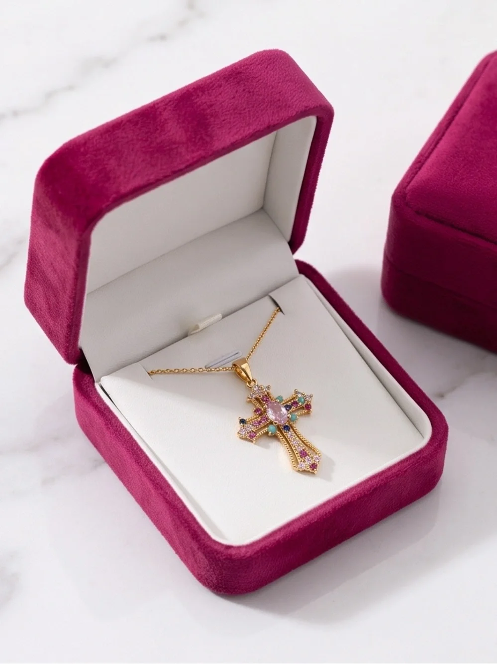 Gold Multicolor Cross Pendant Necklace - Pink Center Gem adjustable